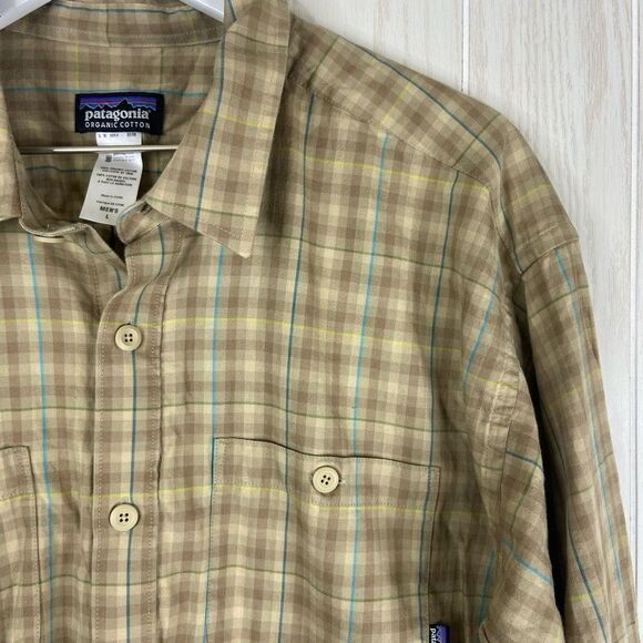 Patagonia Button-Down Shirt Mens Large 100% Organic Cotton Plaid Retro Khaki - Picture 3 of 6